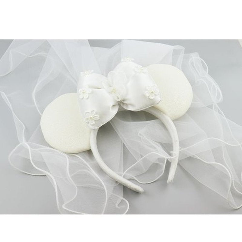 LIHELEI Bridal Veil Mouse Ear Headband, Minnie Headband for Honeymoon Wedding, Bachelorette Party Headpiece for Women Girls-White