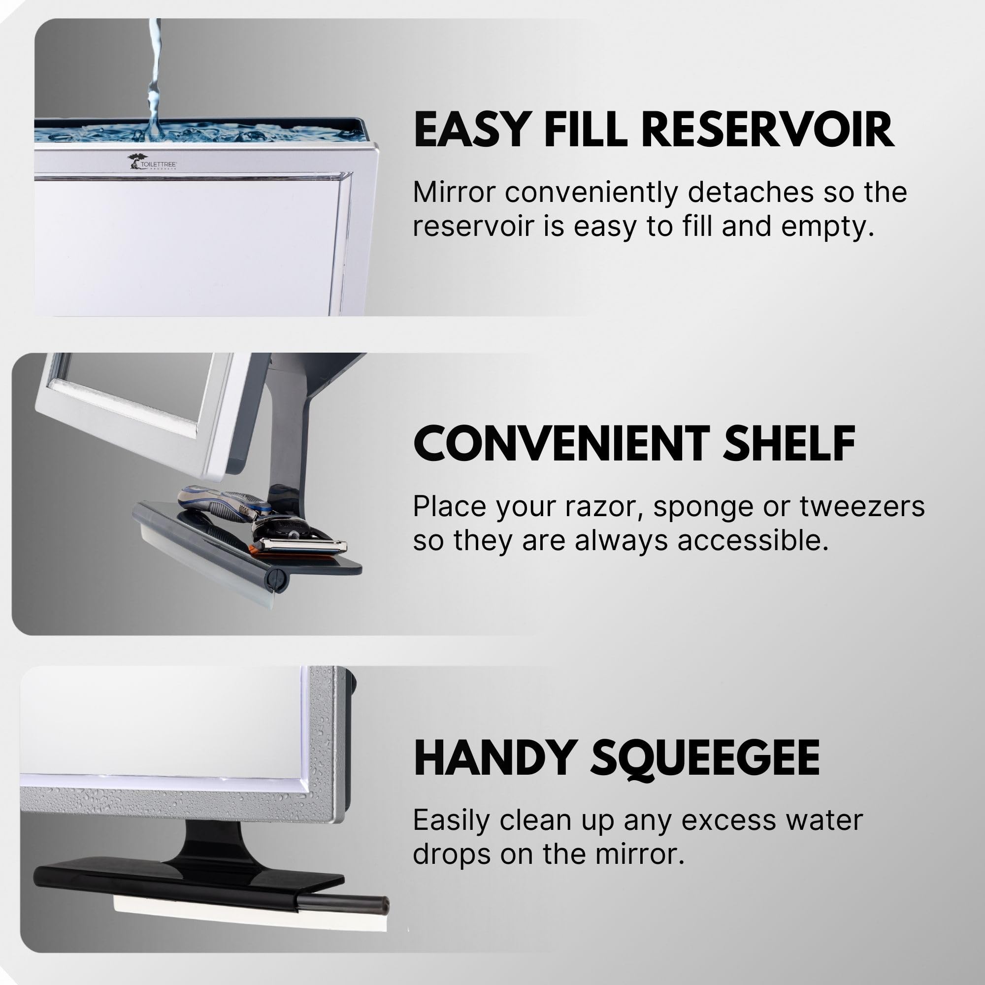ToiletTree Products Deluxe LED Fogless Shower Mirror with Squeegee Anti-Fog Mirror - Adjustable Shaving Mirror with a Squeegee - Rust-Proof, Impact-Resistance Bathroom Shower Mirror