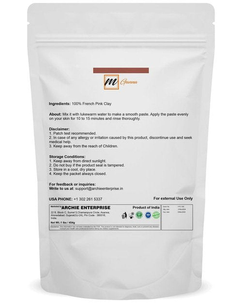 mGanna 100% Natural French Pink Clay Powder/Rose Clay (One Pound) for DIY Facial Masks, Creams, Soft Peels and Scrubs, and Soap Making 1 LB / 454 GMS