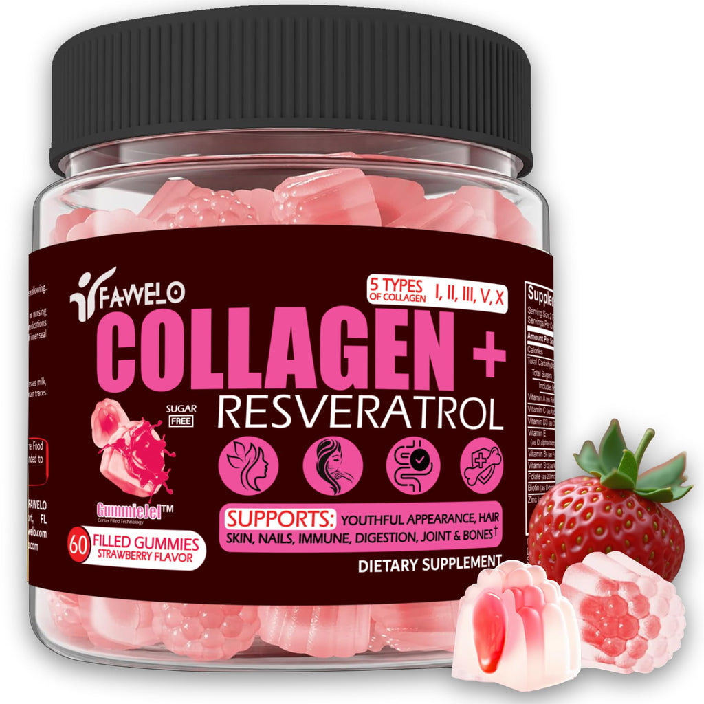 Fawelo Multi Collagen Gummies Hydrolyzed Type I, II, III, V, X Plus Resveratrol Hyaluronic Acid & Biotin Gummies for Hair Skin and Nails Vitamins | Multi Collagen Peptides | Sugar Free