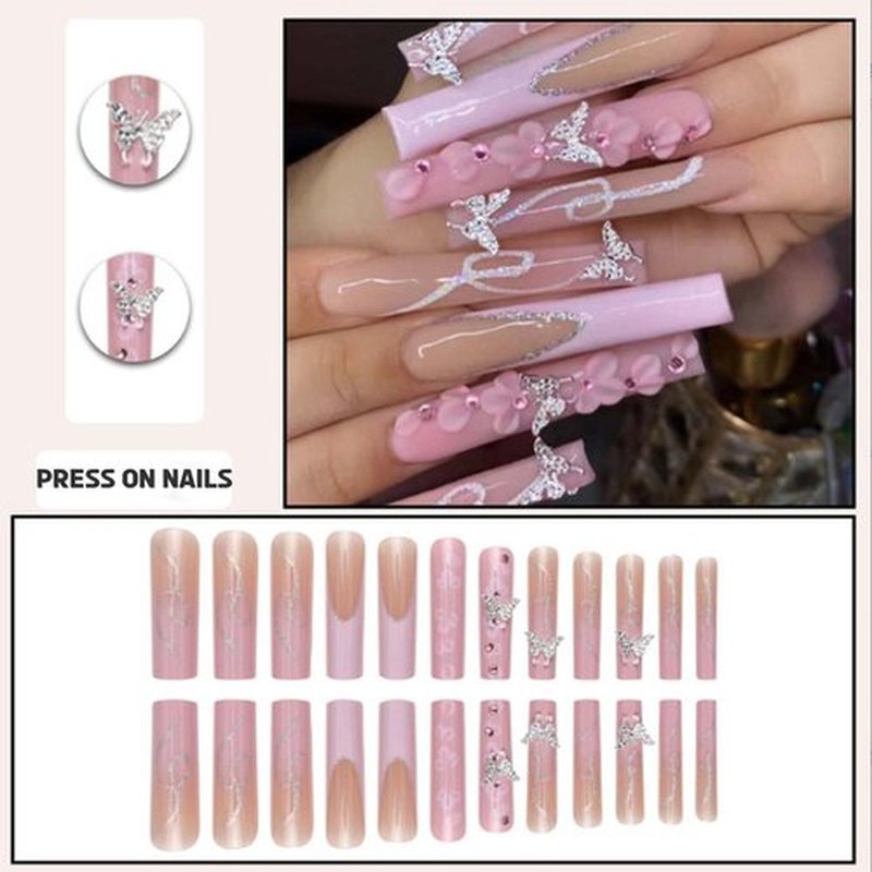 DANMANR French Press on Nails Pink Fake Acrylic Long Nails Square Flower Full Cover Fake Nails for Women and Girls 24PCS