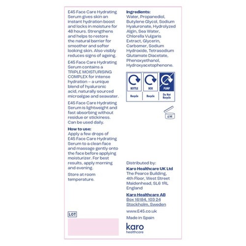 E45 Hydrating Face Serum, Instant 48 Hour Results, Hyaluronic Acid, Vegan, Lightweight, Boosts Hydration, for Dry, Sensitive and Eczema Prone Skin, Fragrance Free, Dermatologically Tested, 1 fl oz