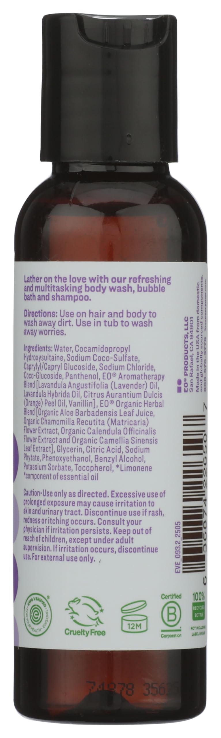 Everyone 3-in-1 Soap Body Wash, Bubble Bath, Shampoo, Travel Size, 2 Ounce (Pack of 1), Vanilla and Lavender, made with Essential Oils for Men and Women