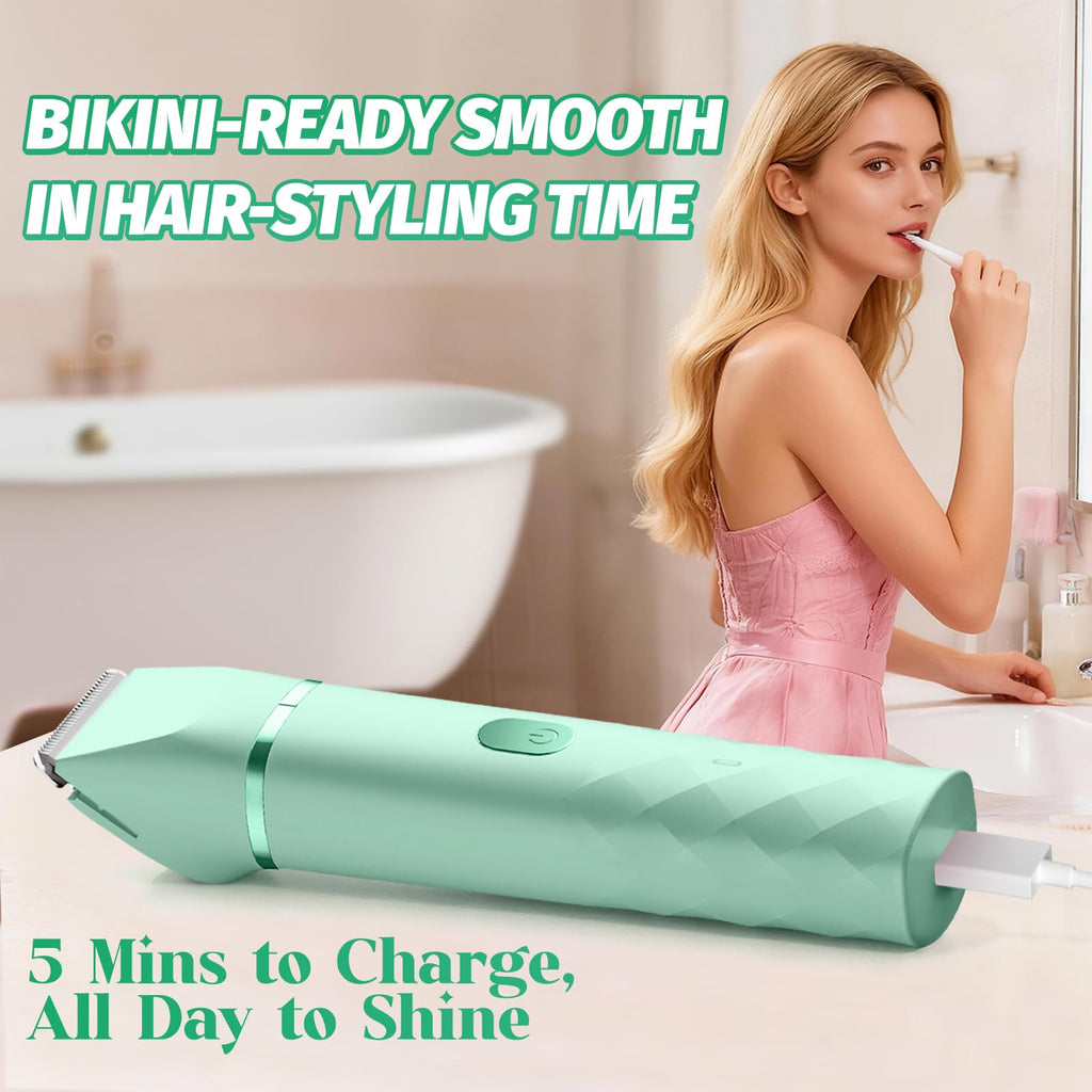 Bikini Trimmer for Women, IPX7 Waterproof, Painless Rechargeable Electric Razor Remover, 2-in-1 Facial & Pubic Hair Removal for Sensitive Skin, Portable Travel Size, Women’s Gift, Green