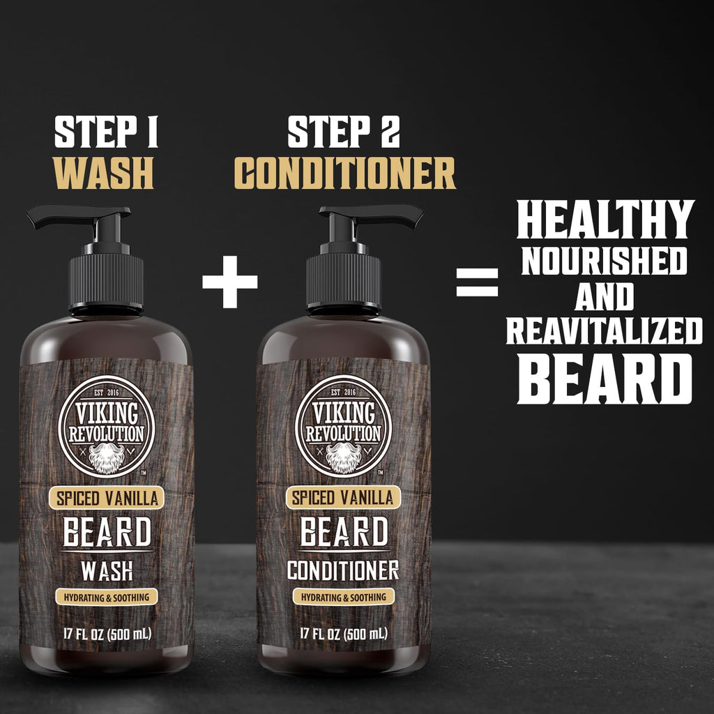 Viking Revolution Spiced Vanilla Beard Wash for Men with Argan Oil and Jojoba Oil - Beard Softener and Strengthener Beard Shampoo with Beard Oil - Beard Care to avoid Beard Dandruff and Itch (17 oz)