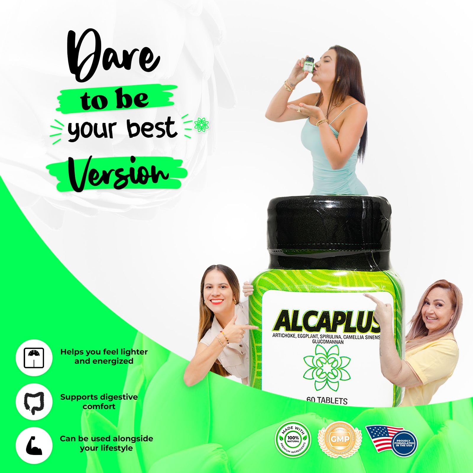 Alcaplus Original Natural Weight Loss Pills for Detoxifying and Controlling Appetite, Herbal Supplement with Artichoke, Eggplant, Spirulina, Green Tea, and Glucomannan