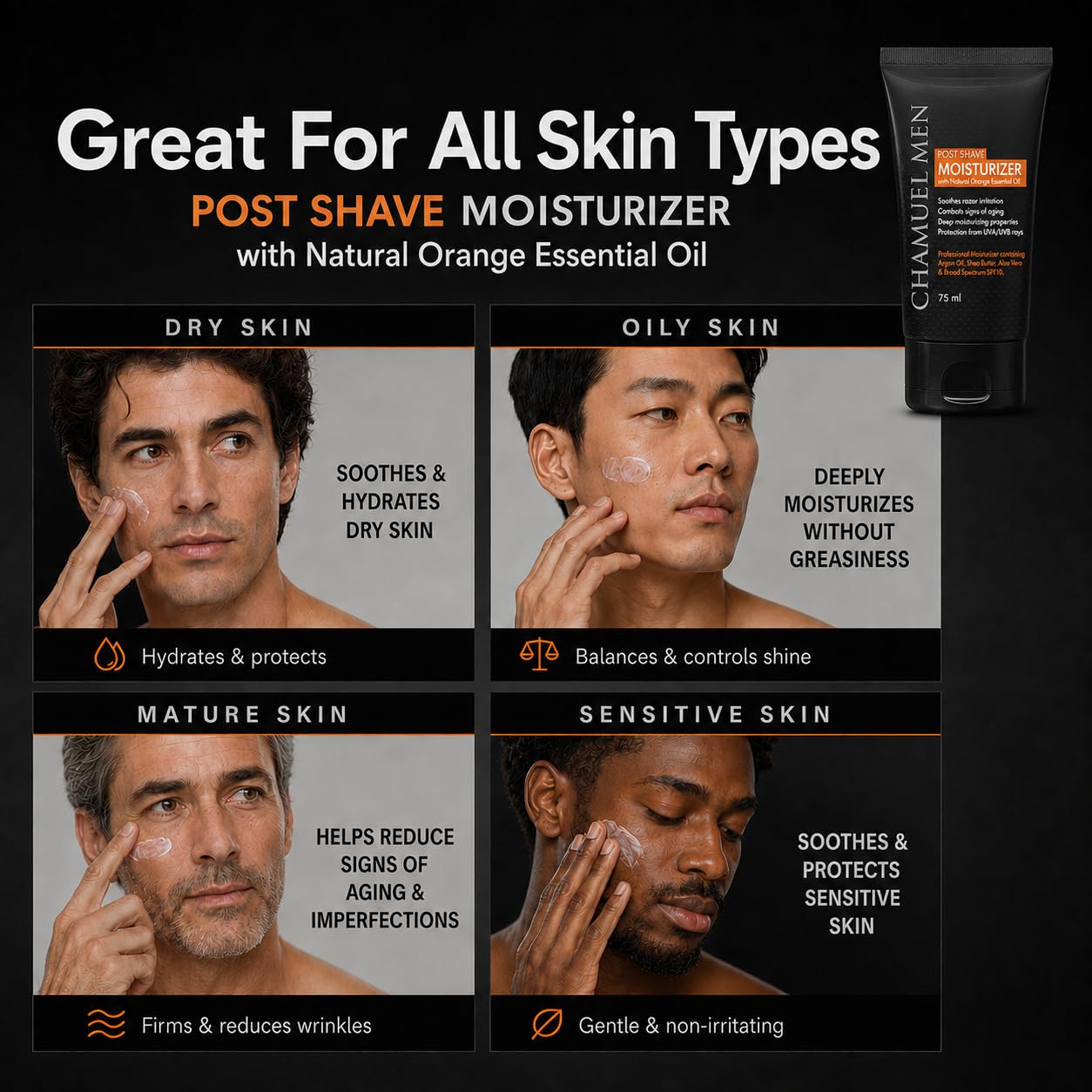 Mens Face Moisturizer Anti Aging - Aftershave for Men, Face Cream & Post Shave Lotion with Argan, Shea & Aloe - Daily Skin Care Balm for Dry, Oily & Sensitive Skin, 2.6 oz