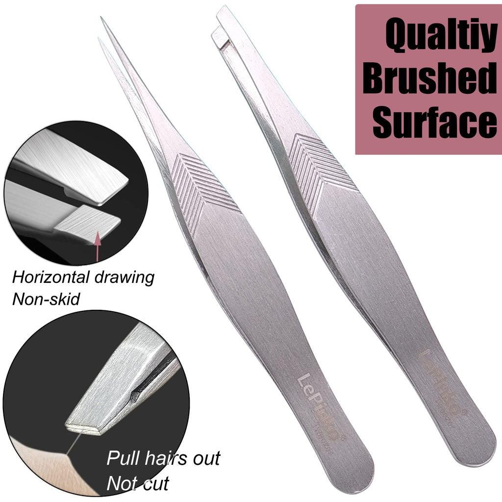 LePinko 2PCS Tweezers Set for Women and Men, Precision Tweezer kit for Ingrown hair, Facial Hairs, Chin Hair, and Splinter Removal, Professional Eyebrow Plucker Tweezers, Silver