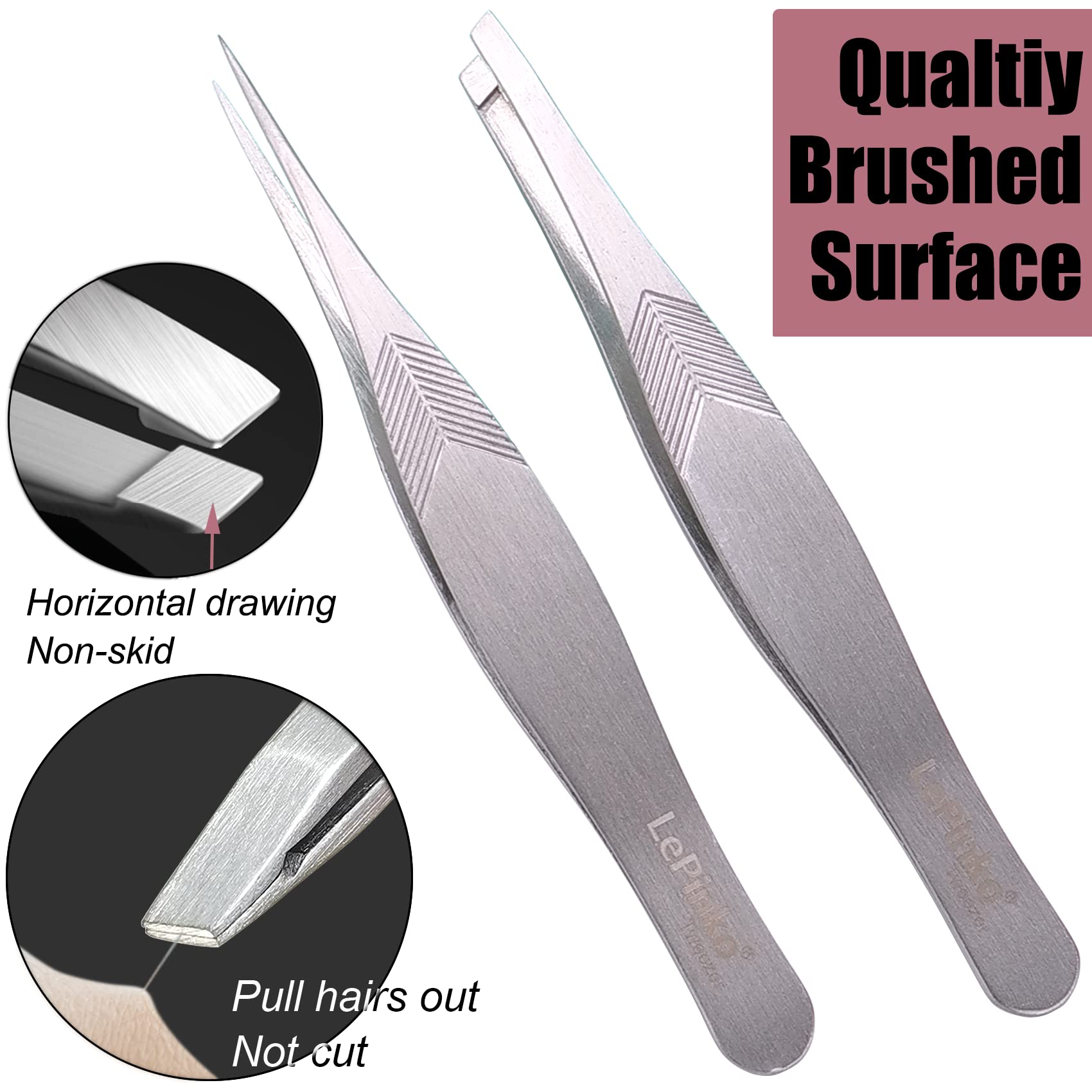 LePinko 2PCS Tweezers Set for Women and Men, Precision Tweezer kit for Ingrown hair, Facial Hairs, Chin Hair, and Splinter Removal, Professional Eyebrow Plucker Tweezers, Silver