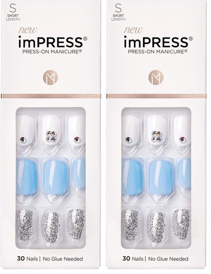 KISS imPRESS Press-On Manicure, Nail Kit, PureFit Technology, Short Press-On Nails, Square, I'd Rather Be, Includes Prep Pad, Mini File, Cuticle Stick, and 30 Fake Nails (Pack of 2)