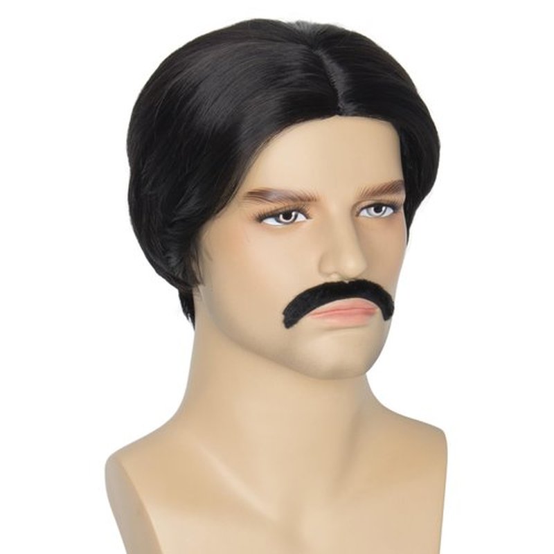 Miss U Hair Men Short Black Straight Wig Distinct Center Parting Mustache Set Cosplay Party Wig