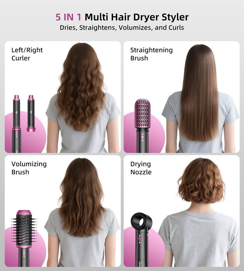 UPoetry 5 in 1 Hot Air Styler & Hair Dryer Brush, High-Speed Blow Dryer, 1300W Fast Drying Curling Without Heat Damage, Volumizing Straightening, Auto Wrap Curlers Includes Travel Storage Bag