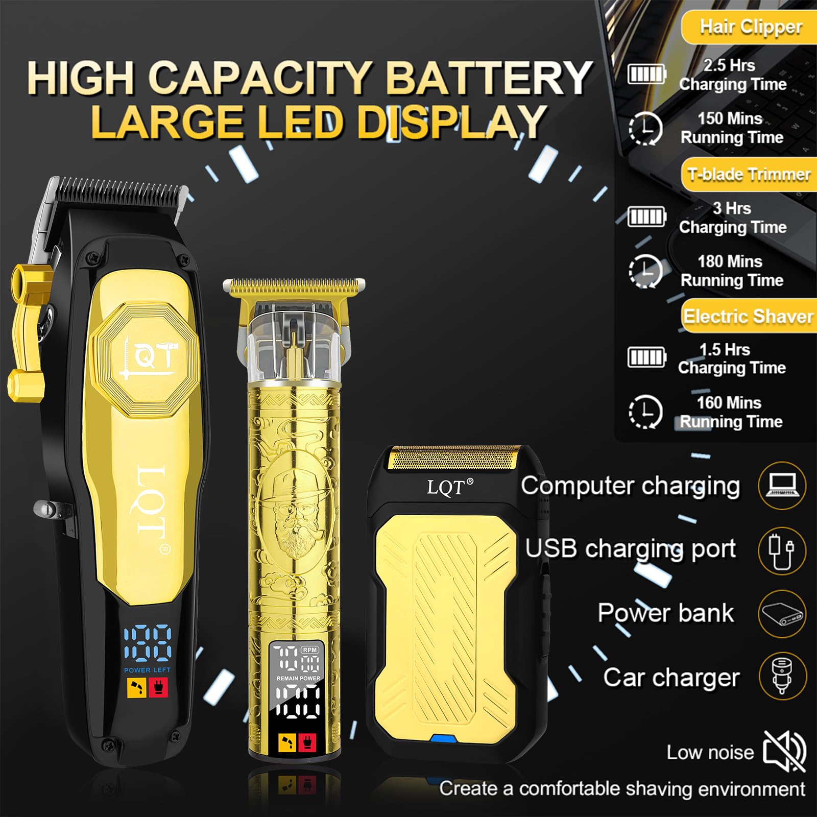 LQT Professional Cordless Hair Clippers for Men, Rechargeable Barber Clipper and Beard Trimmer Set with T-Blade, Adjustable Lever, LED Display,Haircut Trimmer Kit for Home & Barbers,Gold,Gift for Men