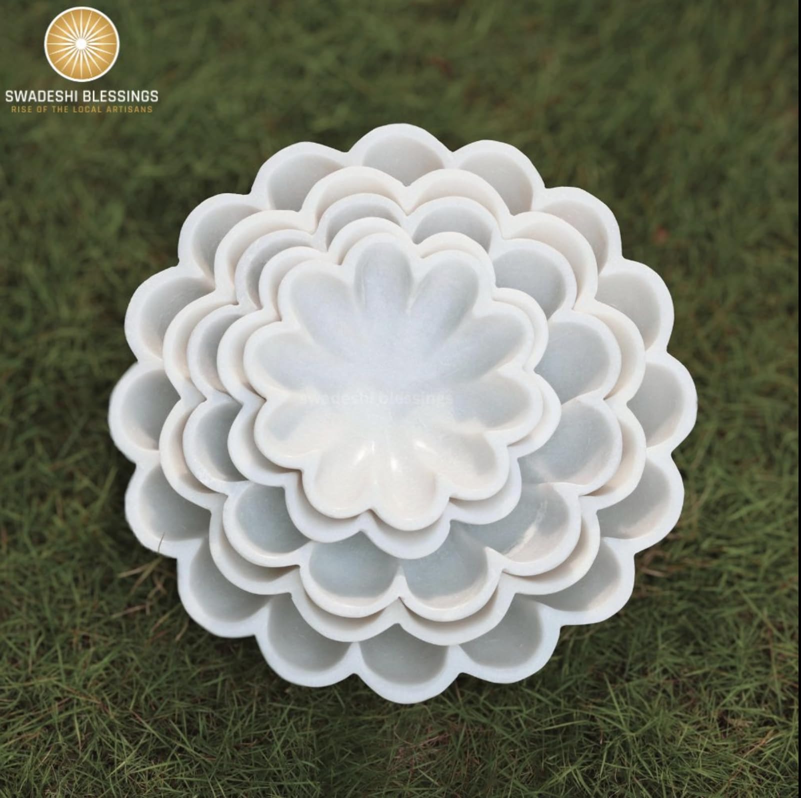 SWADESHI BLESSINGS HandCrafted Marble Decorative Bowl | White Ruffle Scalloped Fluted Key/Fruit Ring Dish | Organic Modern Home Decor (6 Inches)
