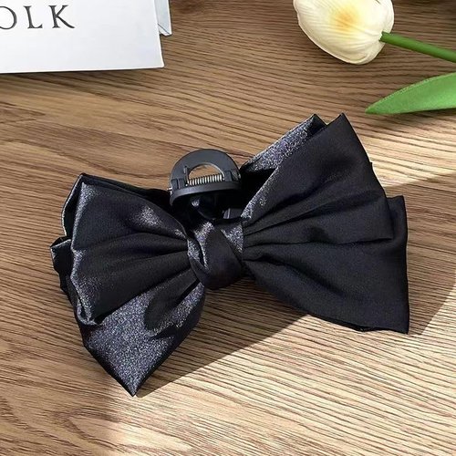 TUCEWP Black Bow Hair Clips for Women Girls 2Pcs Velvet Silky Satin Bow Claw Clip for Long Curly Thick Hair Strong Hold Bowknot Hair Barrettes Claw Jaw Nonslip Hair Catch Clamps Large Hair Accessories