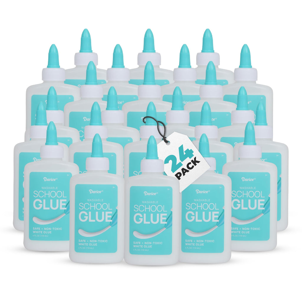 Darice Washable School Glue 4oz - 24-Pack White Liquid Glues for Kids - Extra-Strong for Slime, Arts and Crafts, Back to School Supplies - Glue Bottle with Adjustable Twist Closure
