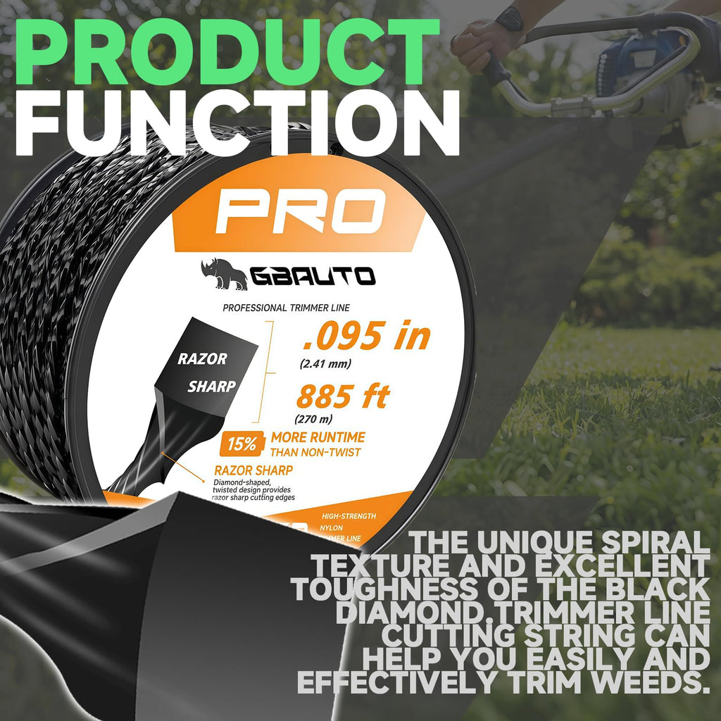String Trimmer Line, 885ft 0.095" for Black Diamond Trimmer Weed Eater String Replacement, Premium Nylon Universal, Professional Twisted Weed Wacker String with Built-in Line Cutter (Upgraded version)