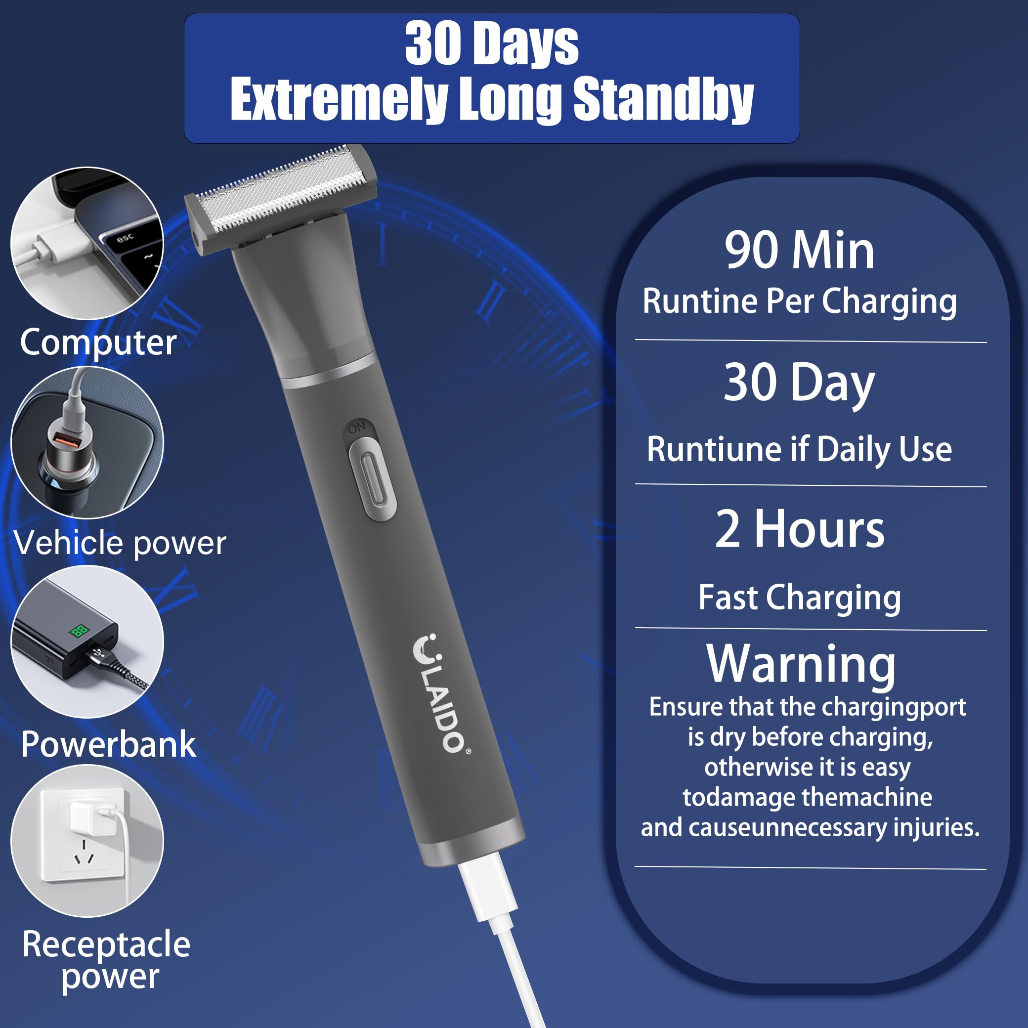 ULAIDO Body Hair Trimmer for Men, 4 in 1 Versatile Trimmer Shavers for Nose Ear Eyebrow Body Hair Trimming, USB-C Fast Charge Electric Pubic Hair Trimmer for Smooth Shaving with Storage Bag