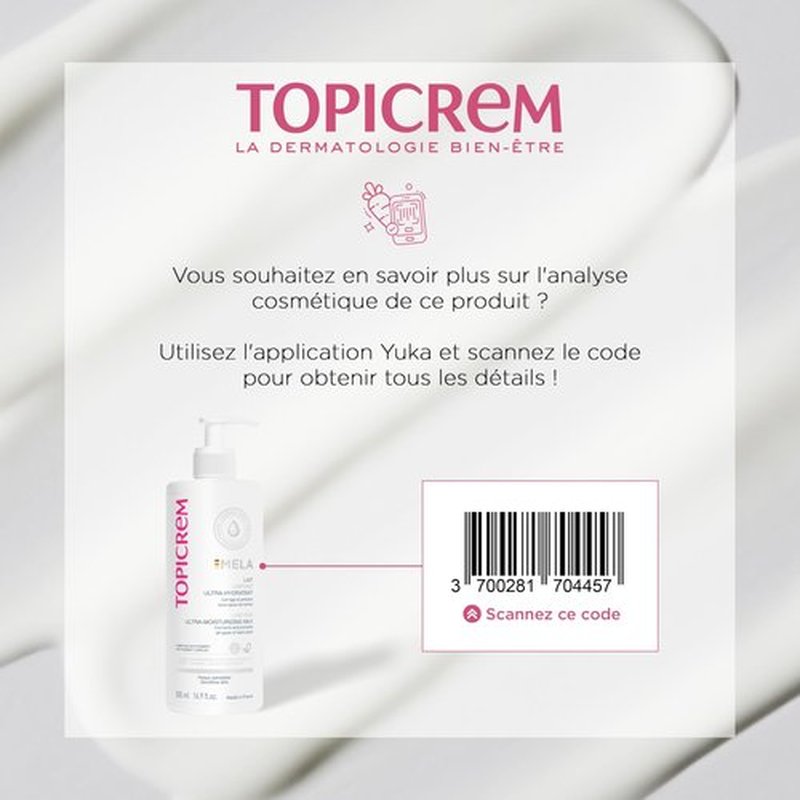 GIGATEMP Topicrem - Mela, Lait Unifiant Ultra Hydratant Corps - Hydrate 24h, Unifie le Teint, Corrige et Prévient l’Apparition des Taches Texture Onctueuse Peaux Sensibles Nouvelle Formule 500ml