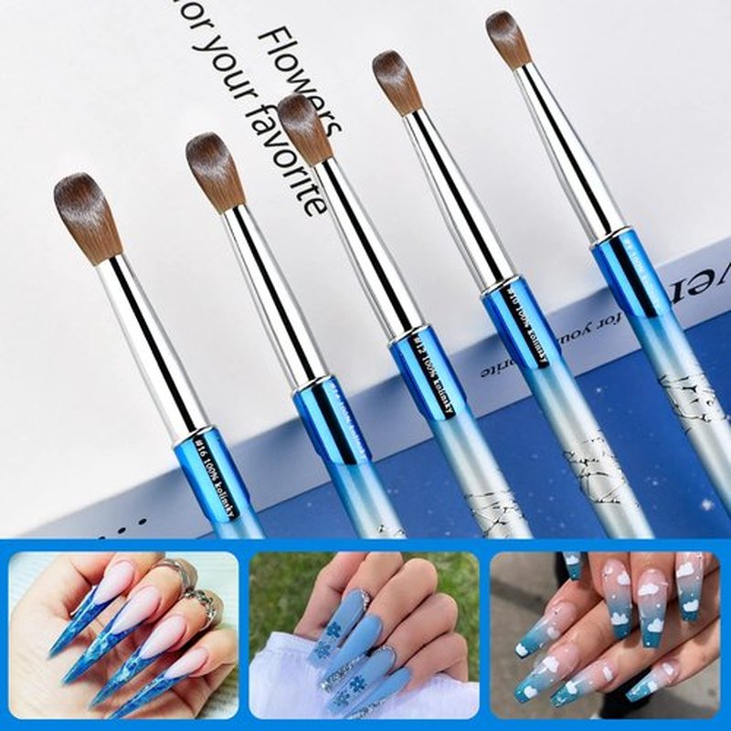 Kolinsky Acrylic Nail Brush Size 8 Round Shaped Oval Blue Metal Handle Nail Brush Nail Art Brush Professional Nails Brush for Nail Tech and Beginner