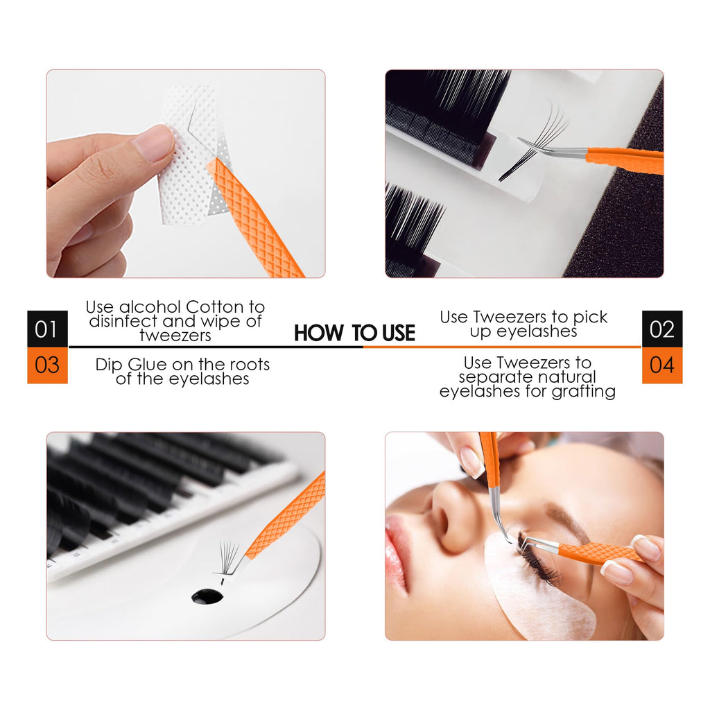 GTEX Fiber Tip Lash Tweezers For Eyelash Extension Set of 5, Professional Eyelash Tweezers For Lash Extensions - 90 45 Degree Curved Volume Tweezer Orange