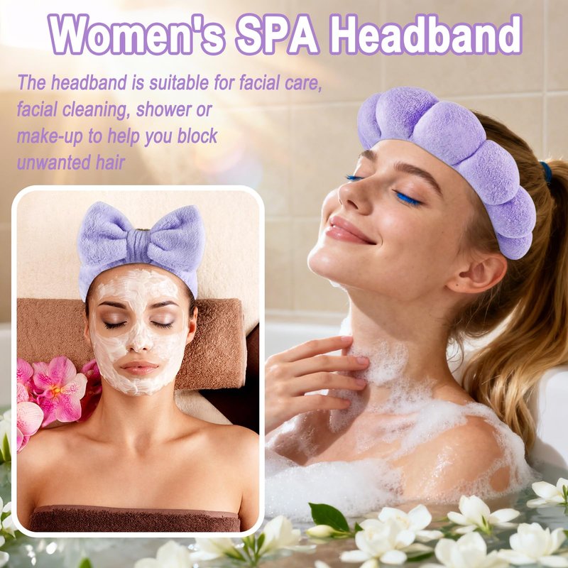 Zkptops 5Pcs Spa Headband for Washing Face Wristband Set Sponge Makeup Skincare Terry Cloth Bubble Soft Hairband Claw Clips for Thick Hair Puffy Padded Headwear Non Slip Hair Accessory (Purple)