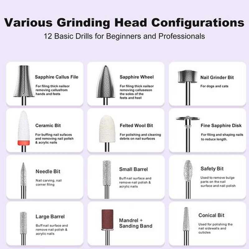 Professional Electric Nail Drill Kit,30000RPM Alloy Electric Nail File for Acrylic Nails Gel Polishing Callus Remover,LED Display,12 in 1 Cordless Quiet Manicure Pedicure Kit for DIY,Home Salon Use
