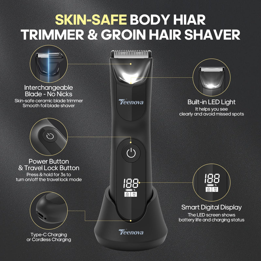 TEENOVA Manscape Body Hair Trimmer for Men, No Nick Pubic Bikini Trimmer for Women, 3 in 1 Versatile Groin Shaver with Nose Hair Trimmer, Cordless Dock Charging, LED Display, Wet/Dry Grommer (Green)