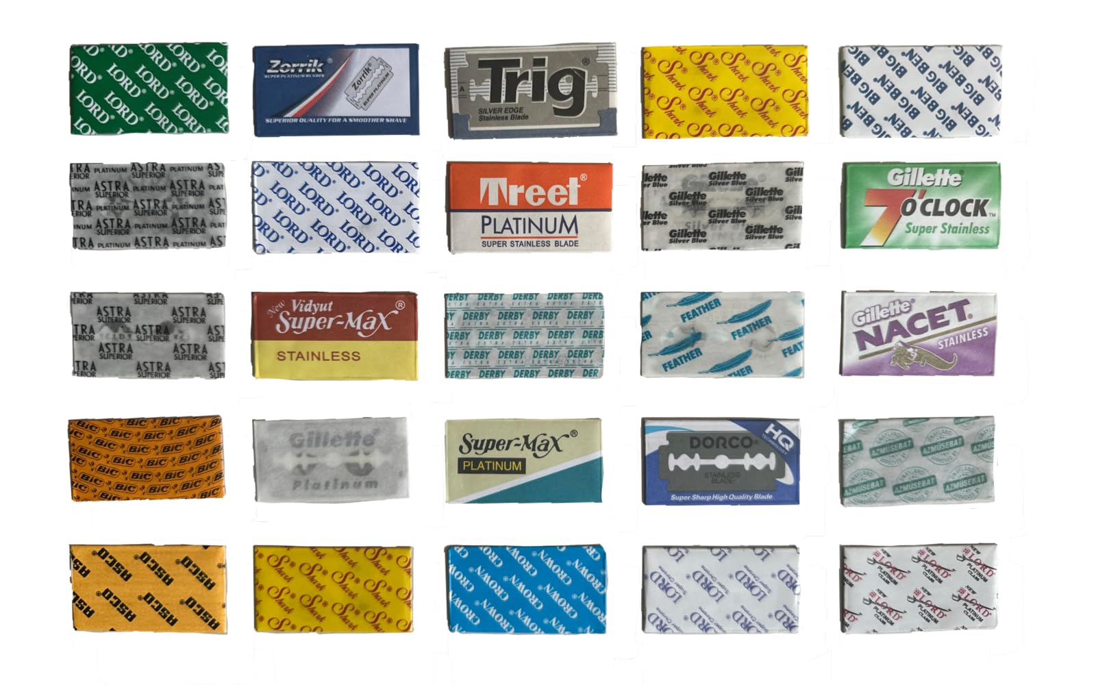 Double Edge Razor Blade Sampler Pack, 50 DE Blades, 25 Different Blade Types, Safety Razor Variety Pack for Wet Shaving