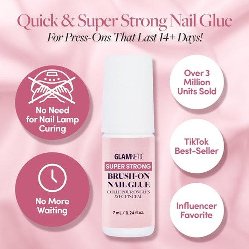 Glamnetic Press-On Nails - Caviar | Super Strong Brush On Nail Glue & Press-On Nail Remover | Semi-Transparent Nails with Black French Tips, Short Almond Shape | Reusable Nail Kit with Glue & Remover