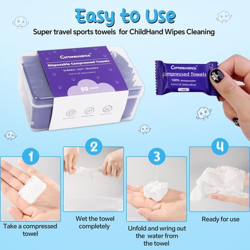 Premium Compressed Towels (50 Pack)-9.4" x 11.8", Portable Cotton Coin Tissues, Disposable Washcloths, Face Towels for Travel, Beauty, Camping, Hiking, Outdoor Activities