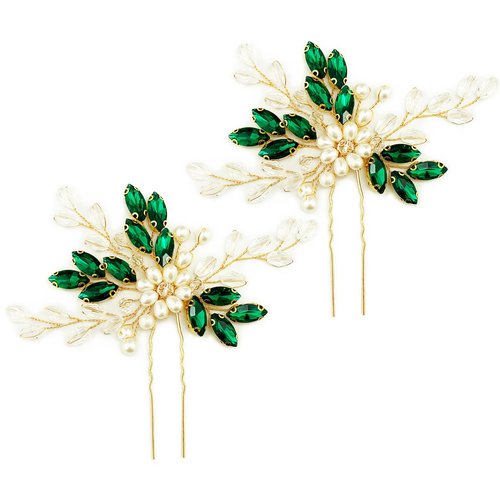 PRETTYLIFE Crystal Wedding Hair Pins Pearl Rhinestone Flower Bridal Hair Pieces Decorative Accessories for Women and Girls (Pack of 2) (Green)