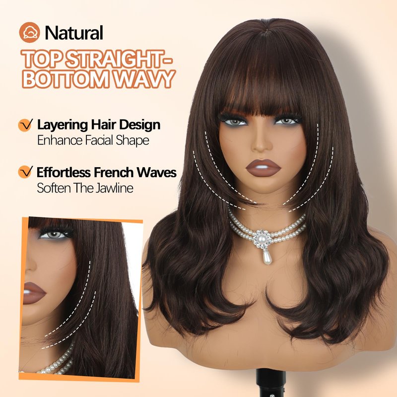 XIXIBI Brown Wigs with Bangs for Women, 4x4 Realistic Scalp Layered Curly Wavy Synthetic Wigs, Free Parting Natural Looking Heat Resistant Wig for Daily Party Use 18Inch