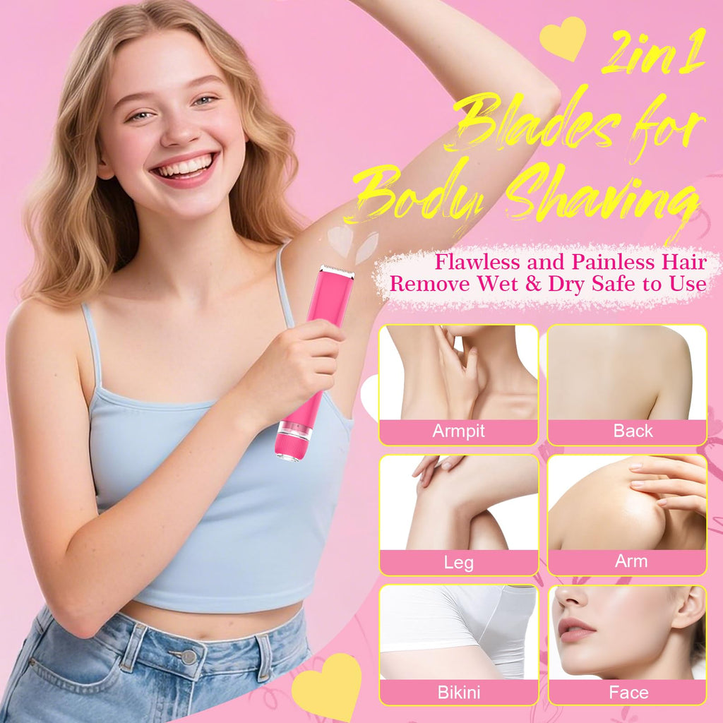 2 in 1 Personal Shaver for Women Pubic Hair Bikini Trimmer for Ladies Electric Razor, Waterproof Wet & Dry Rechargeable Facial & Body Hair Remover for Underarm, Leg, Arm, Face