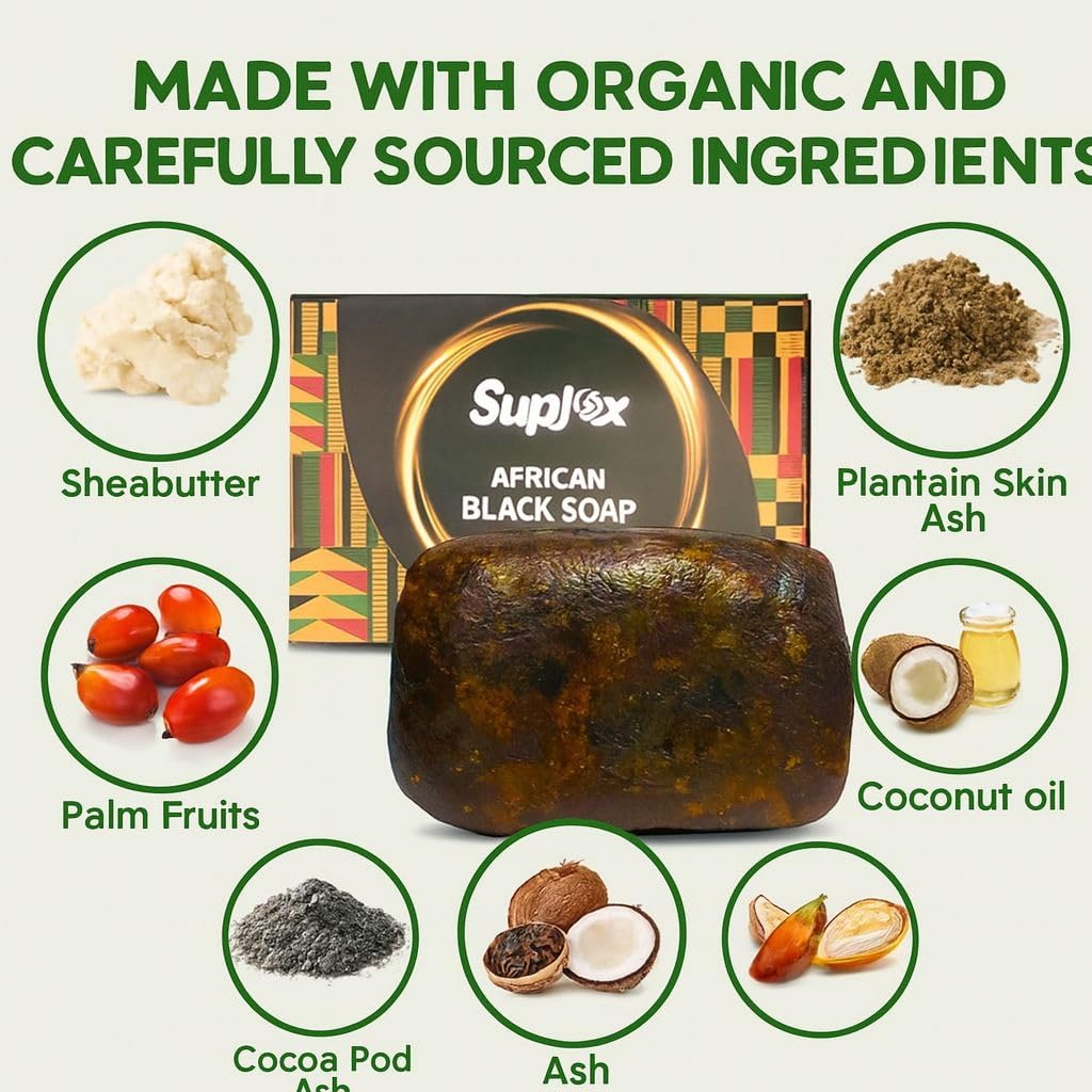 Suplox African Black Soap Bar – African Soap for oily Skin, Ghana Black Face & Body Wash | Face and Body moisturizing cleanser 1 Count.