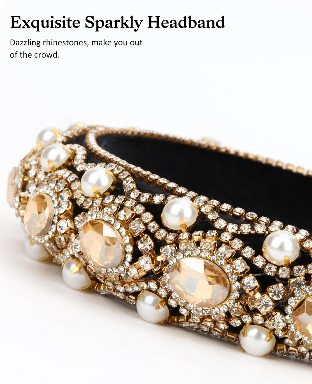 Wecoe Champagne Gold Rhinestone Headband with Pearls Women Vintage Fancy Sparkly Diamond Padded Bulky Puffy Luxury Beaded Headband Renaissance Costume Hair Accessories For Women Girls Gifts