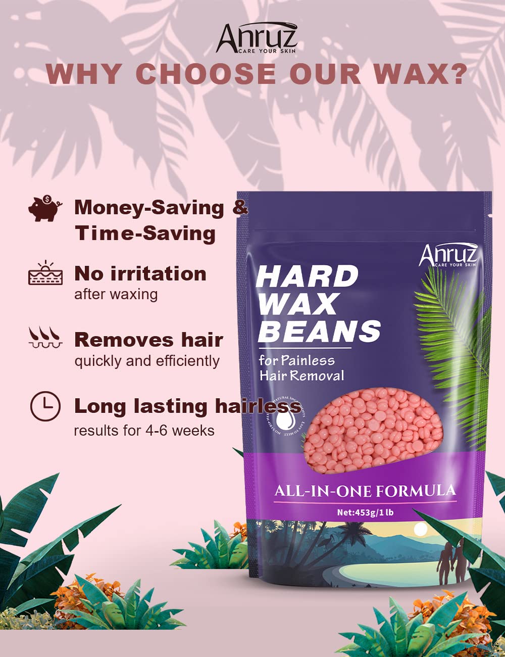 Anruz Hard Pink Wax Beads (1lb) - Professional Hair Removal for Brazilian Bikini, Legs, Underarms, Chest - Home Waxing for Any Warmer