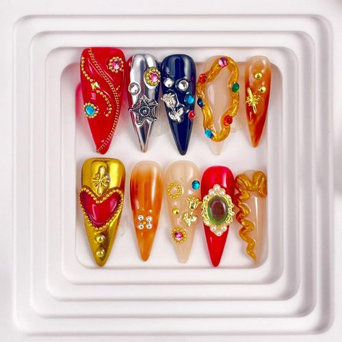 RDNTBEU Press on Nails Retro Medium Almond 3D Fake Nails Reusable Luxury Handmade False Nails with Design GEM Charms Gold Snake,Press ons Muti-Layer Acrylic Handmade Nails for Wome Manicure(Size S)