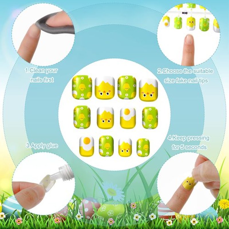 384 Pcs 16 Pack Easter Press on Nails Short Fake Nails Easter Square False Nails Artificial Nail Full Cover Coffin with Rabbit Egg Pattern for Women Girls (Bunny Pattern)