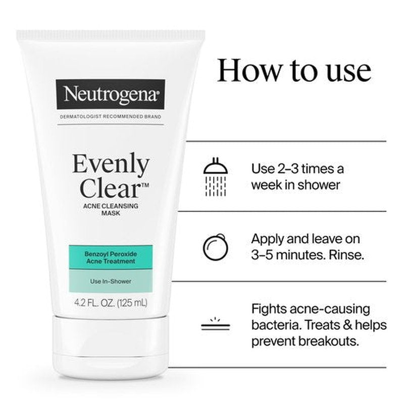 Neutrogena Evenly Clear Acne Cleansing Face Mask with 3.5% Benzoyl Peroxide Treats Breakouts & Bentonite Clay, Purifying Clay Mask Absorbs Oil to Visibly Improve the look of Skin, 4.2 fl. oz