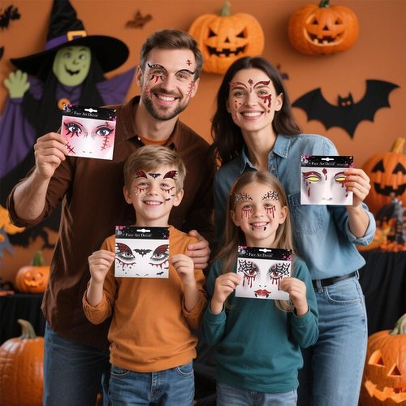 Boko 4Pcs Halloween Face Stickers, Red White Black Halloween Stickers for Face Glitter Makeup, Self Adhesive Glitter Temporary Tattoos for Day of the Dead Zombie Clown Scar Ghost Bat Vampire Cosplay