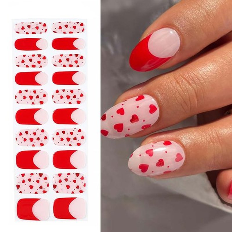 Sevgob Semi Cured Gel Nail Strips (Red Love), French Heart, 20 Pcs Gel Nail Wraps, Stickers, UV Light Required, Salon Quality, Long Lasting, Valentines Day Gift for Women Girls DIY Manicure