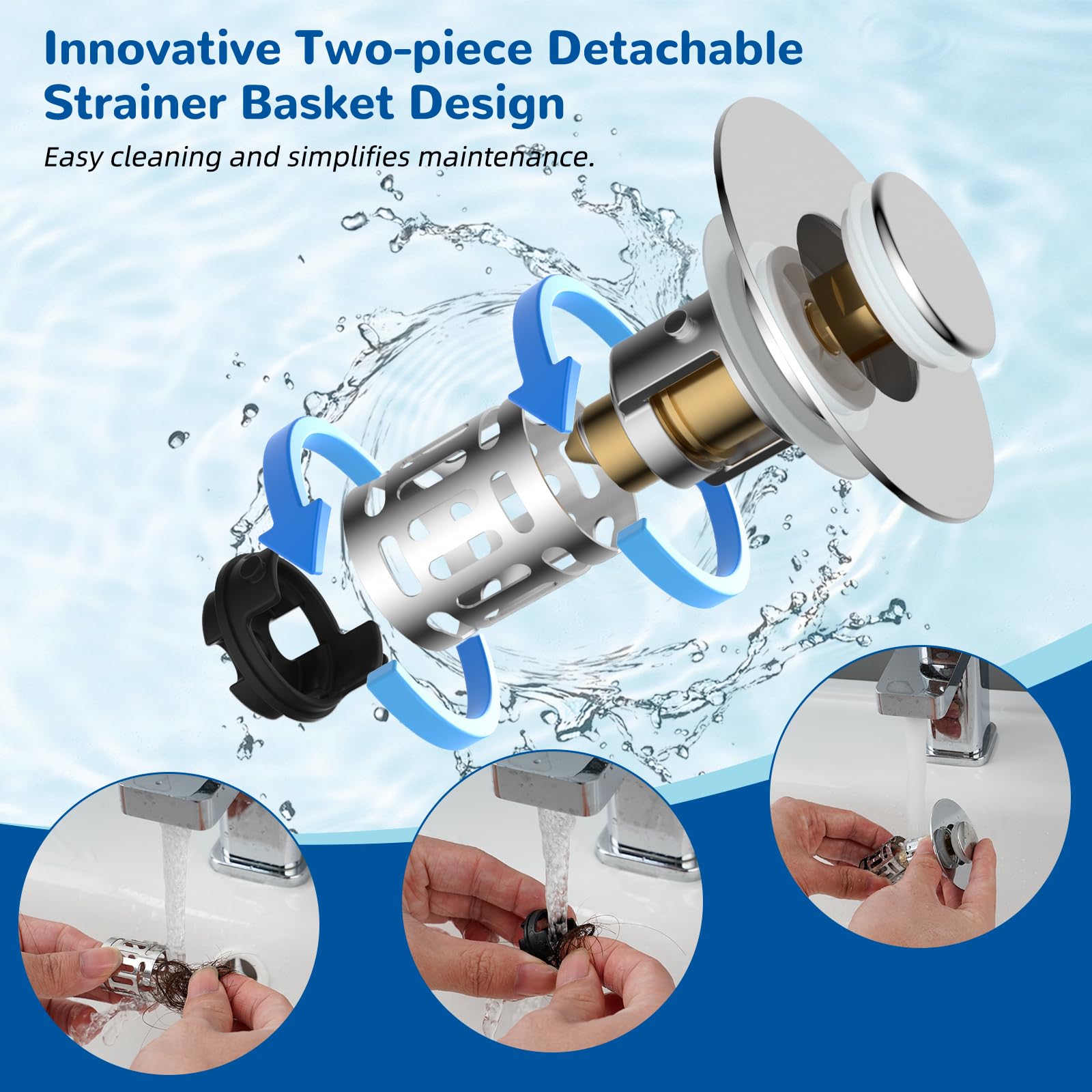 Hibbent Upgraded 3 in 1 Bathroom Sink Drain Strainer, Universal Pop Up Stopper with Removable Stainless Steel Filter Basket Hair Catcher, Sink Plug for 1.1''~2.36'' Basin, Brass Bullet Core, Chrome