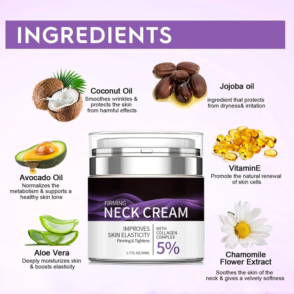 5% Collagen Complex Neck Firming Cream - Anti-Aging Moisturizer Improving Skin Elasticity for Men & Women, All Natural Ingredients - Retinol, Collagen & Hyaluronic Acid, 1.8 Fl Oz