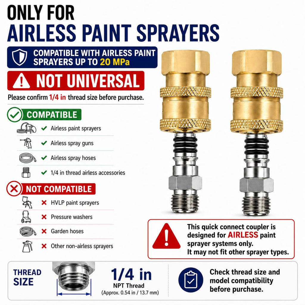 Airless Paint Sprayer Quick Connect Coupler 2-Pack, 1/4 Inch Stainless Steel or Brass Adapter, High Pressure Leak-Free Connector for Spray Gun Hose (Brass Finish)