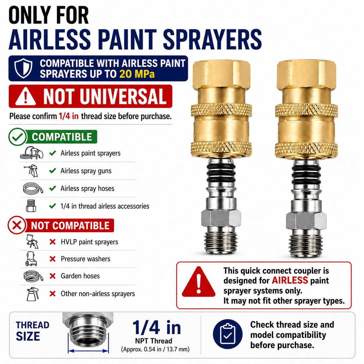 Airless Paint Sprayer Quick Connect Coupler 2-Pack, 1/4 Inch Stainless Steel or Brass Adapter, High Pressure Leak-Free Connector for Spray Gun Hose (Brass Finish)