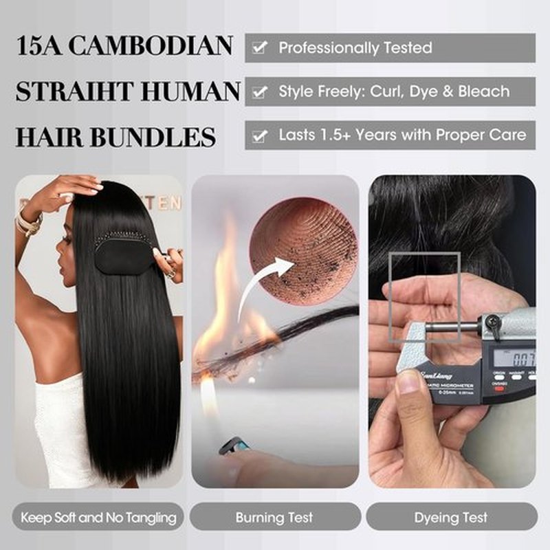 15A Straight Human Hair Bundles, 3 Bundles 24 26 28 Inch Straight Bundles Human Hair,Triple Lifespan 3x,100% Unprocessed Cambodian Raw Hair Bundles for Women