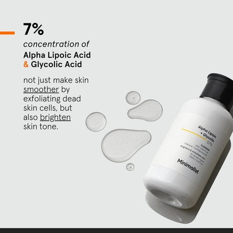 Minimalist ALA & AHA 7% Cleanser for Brightening, Exfoliating, Glow & Even Tone | With Vitamin B5 For Hydration & Glycolic Acid For Exfoliation | 3.4 Fl Oz / 100 ml