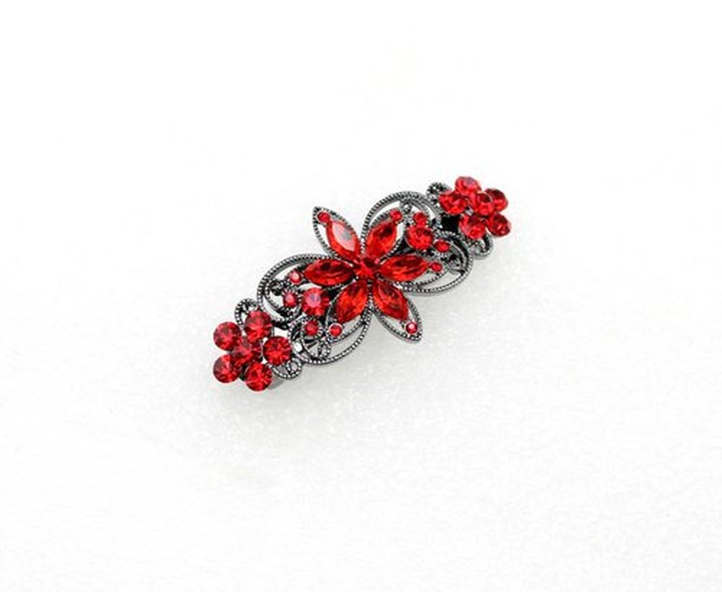 Faship Red Rhinestone Crystal Gun Metal Plated Flora Hair Barrette Clip