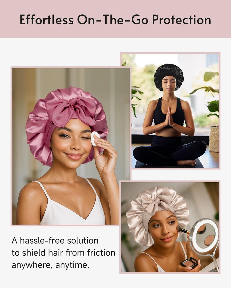 Yanideer 3 pcs Silk Bonnet for Sleeping Double Layer Satin Lined Hair Satin Bonnet with Tie Band for Women Curly Hair Gold